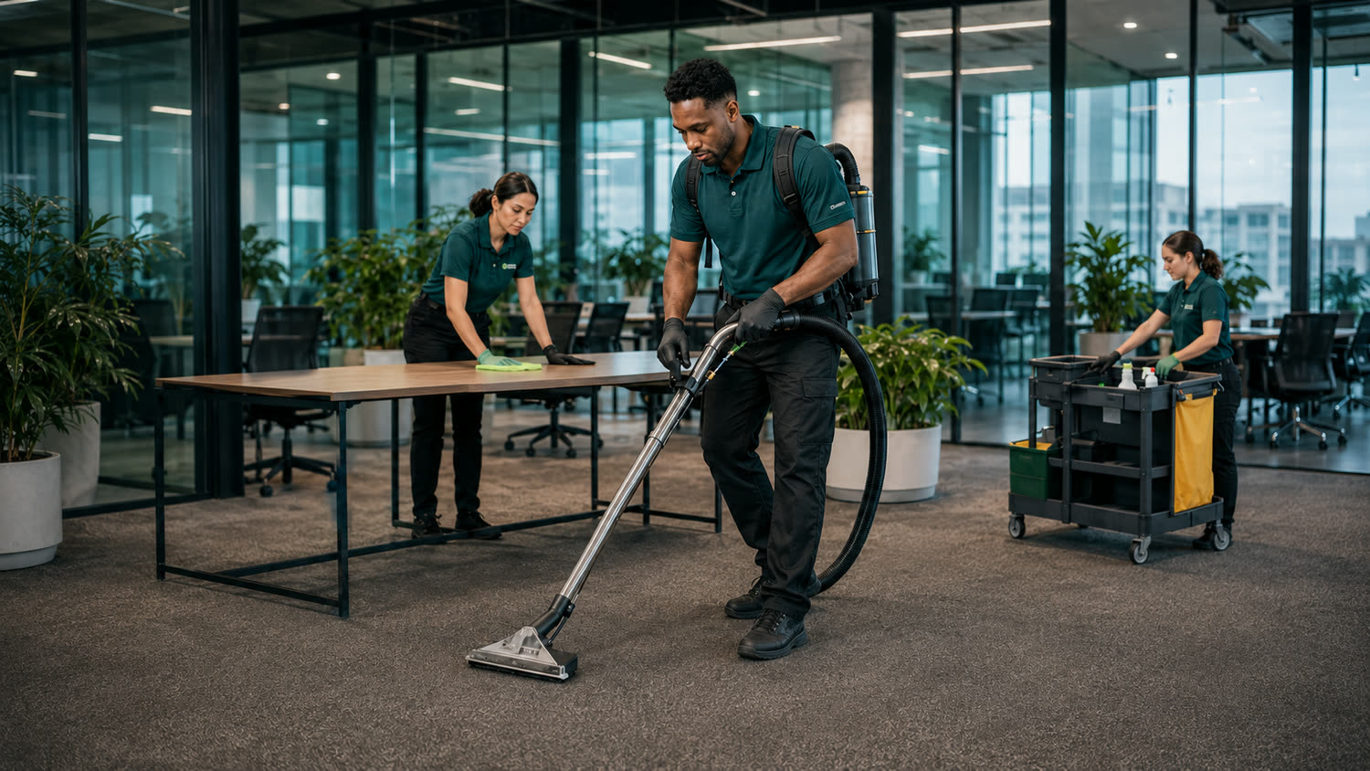 Commercial cleaning crew servicing a modern office
