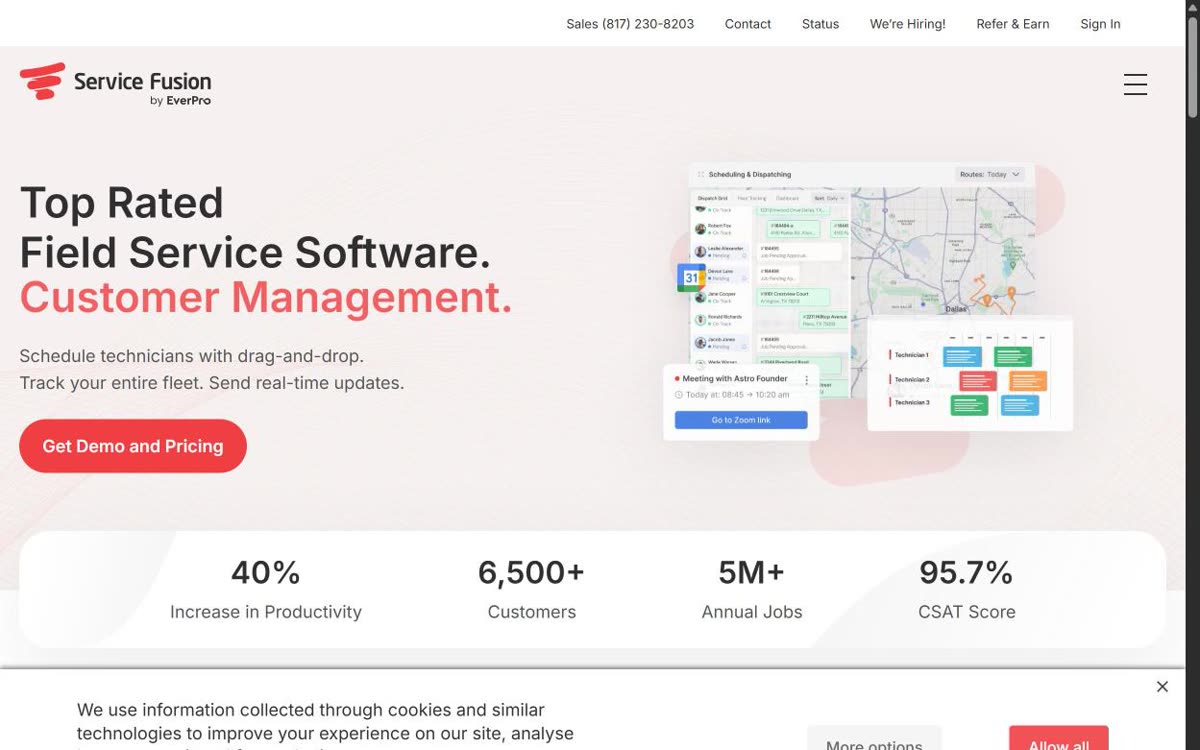 Screenshot of the Service Fusion website